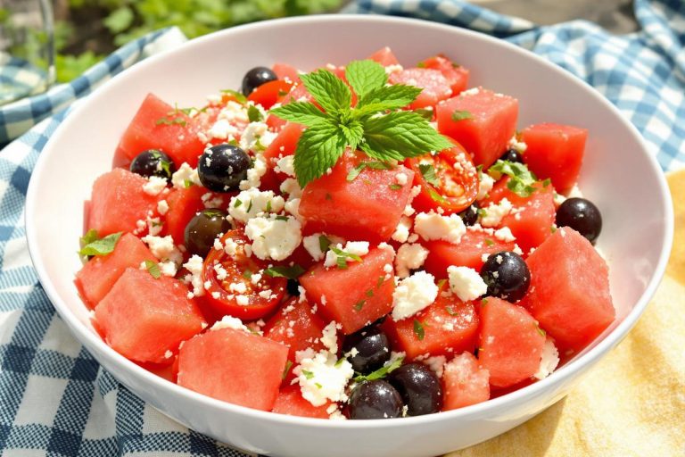 Le plat parfait à servir quand il fait chaud : un salade pastèque, feta, tomates cerise et olives !.jpg
